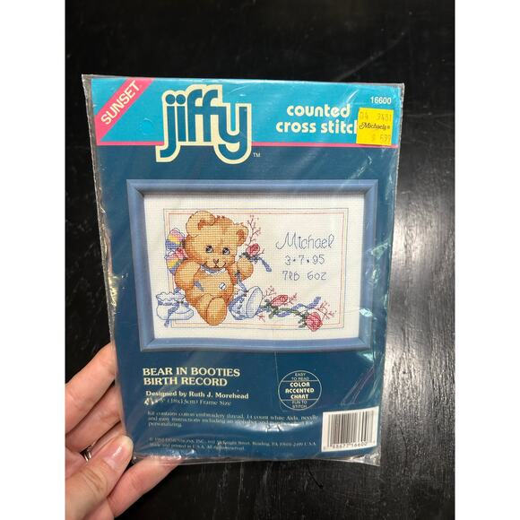 Jiffy-1993 Needlepoint Kit- Blue Pink Bear in Boots Birth Record 7x5 in teddy - Picture 1 of 3
